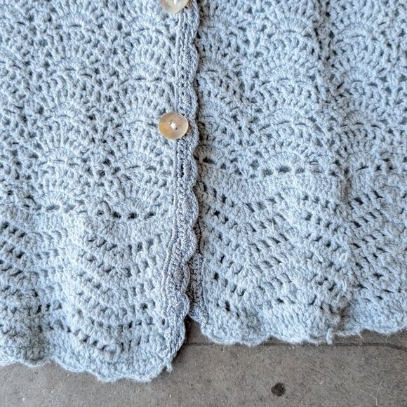 Vintage Jantzen Petite Blue Pointelle Knit Short Sleeve Collared Cardigan - Picture 5 of 7